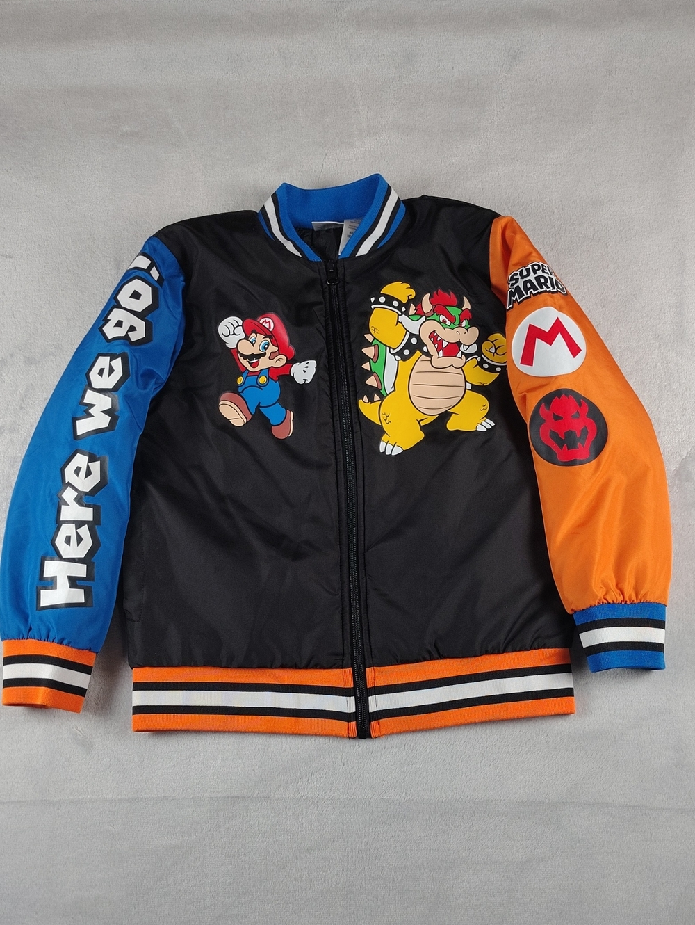 Nintendo Super Mario Black Full Zip Bomber Jacket Mario & Bowser Graphics Size 8